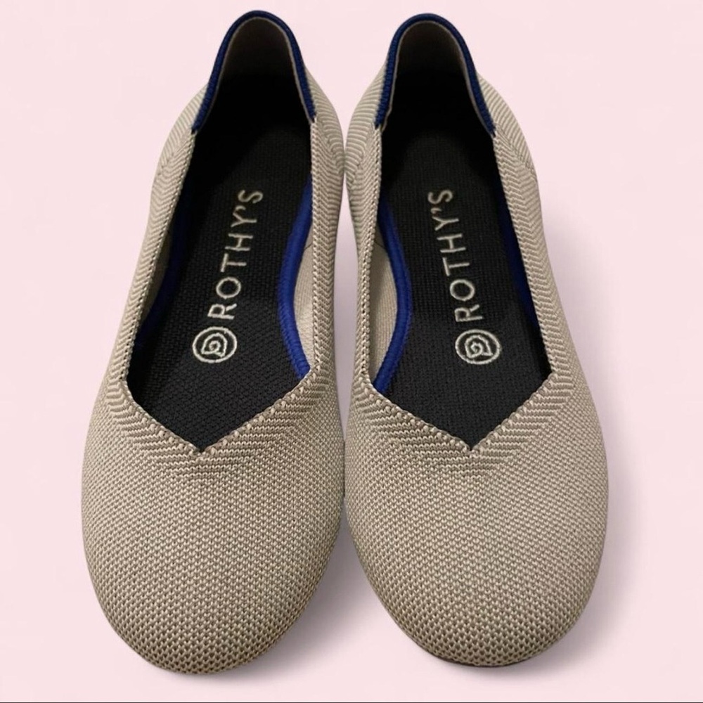 Rothy's Beige Knit Ballet Flats with Navy Trim